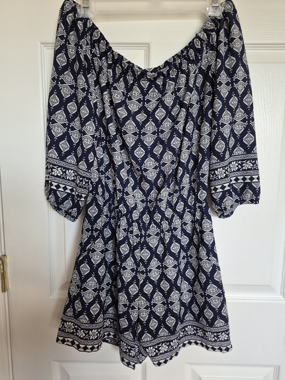 Premier Navy and White Off-Shoulder Printed Dress